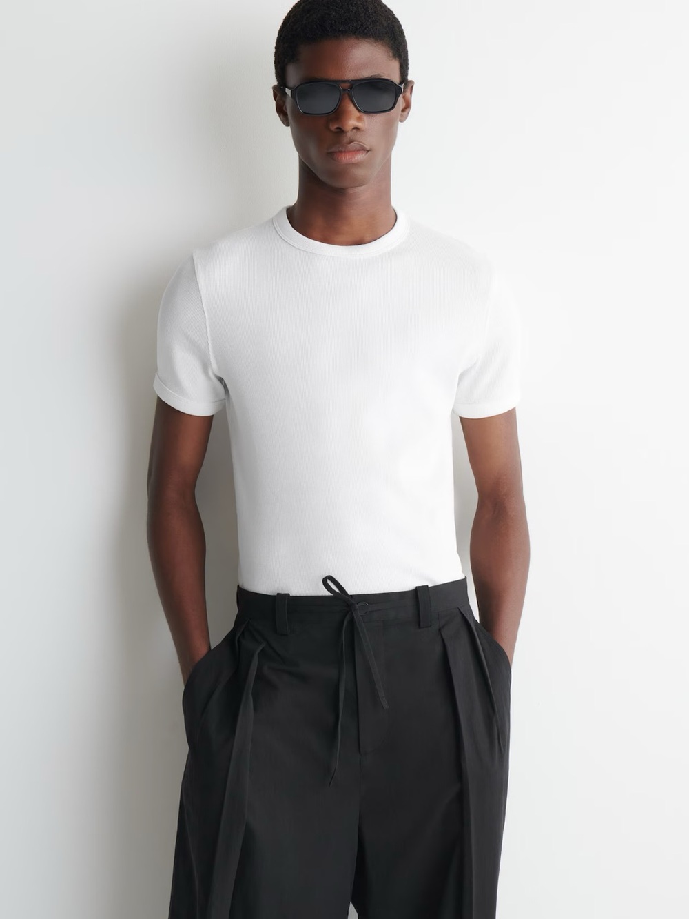 COS Men Slim Ribbed Cotton T-Shirt in White